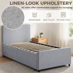HOMCOM 90 x 190 cm Upholstered Single Bed, Pull Out Trundle Bed in Light Grey - thumbnail 6