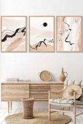 ARTZE Set of 3 Oak Framed Beige Black Abstract Mountain Contours Wall Art - Size: W33 cm x H45 cm x D20mm - thumbnail 1