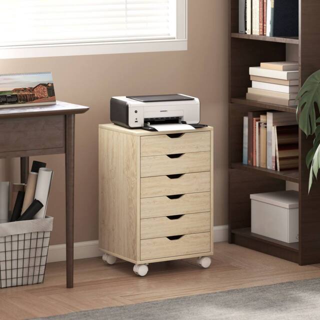 HOMCOM 6 Drawer Vertical File Cabinet with Quiet Drawers & Wheels, Oak in Light Oak - image 1