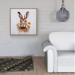Warren Reed - Designer Watercolour Hare & Daisies Framed Canvas in Light Brown - Size: w40 inch x h40 inch - thumbnail 2