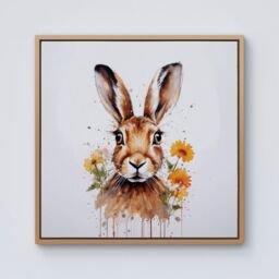Warren Reed - Designer Watercolour Hare & Daisies Framed Canvas in Light Brown - Size: w40 inch x h40 inch - thumbnail 1