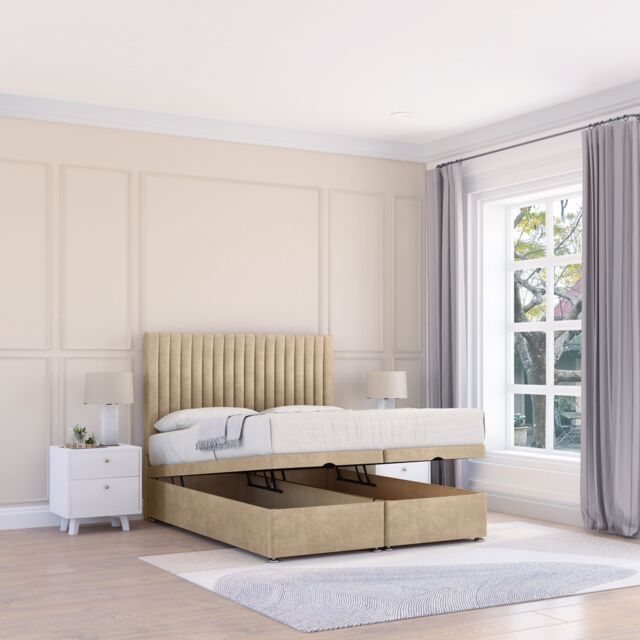 Sloomy Manhattan Coniston Fabric Ottoman Bed End Opening With Sprung Memory Mattress & 26 Inch strut Headboard in Cream - Size: Small Single - image 1