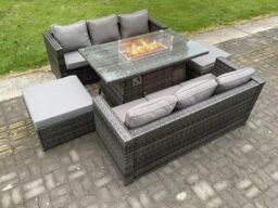 Fimous 8 Seater Outdoor Rattan Garden Furniture Sofa Set Gas Fire Pit Dining Table Gas Heater Burner Footstool in Dark Grey - thumbnail 1