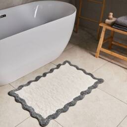 Wyld and Coco Cotton Bath Mat 60 x 90 cm Beige Grey Geometric Wavy Edge - Size: 1600mm x 900mm - thumbnail 1