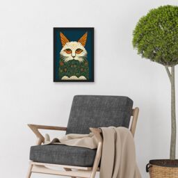 Artery8 Melancholy Moggie Cat Illustration William Morris Style Teal Gold Artwork Framed Wall Art Print A4 in Black - thumbnail 2
