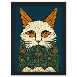 Artery8 Melancholy Moggie Cat Illustration William Morris Style Teal Gold Artwork Framed Wall Art Print A4 in Black - thumbnail 1