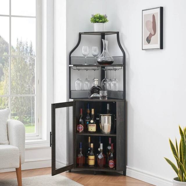 VOGREX Corner Tall Wine Bar Cabinet Sturdy with Removable in Black - image 1