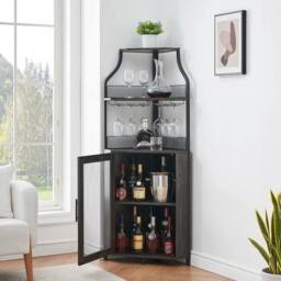 VOGREX Corner Tall Wine Bar Cabinet Sturdy with Removable in Black - thumbnail 1