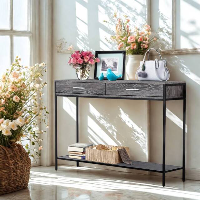 FURNOS 2 Tier Console Table With Drawers For Entryway Hallway Grey - image 1