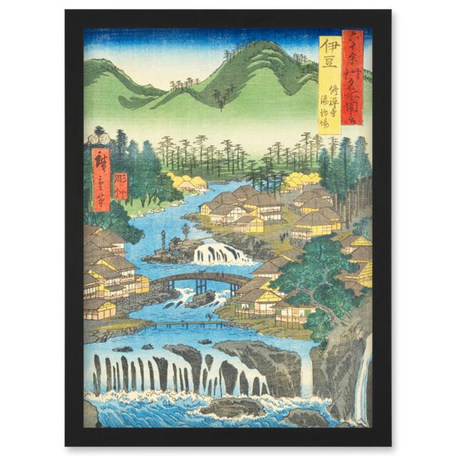 Artery8 The Hot Springs of the Shuzen Temple Izu Province Utagawa Hiroshige Japan Woodblock Artwork Framed Wall Art Print A4 in Black - image 1