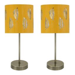 First Choice Lighting Set of 2 Antique Brass Stick Table Lamps with Ochre Fern Shades in Bronze