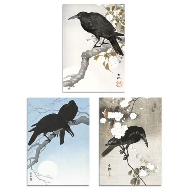 Artery8 Set of 3 Ohara Koson Crows Black White Blue Japanese Art Prints - Size: A3 - image 1