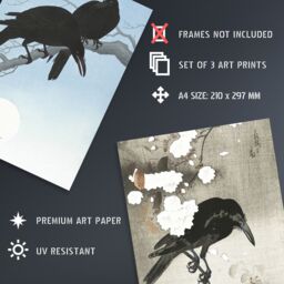 Artery8 Set of 3 Ohara Koson Crows Black White Blue Japanese Art Prints - Size: A3 - thumbnail 4