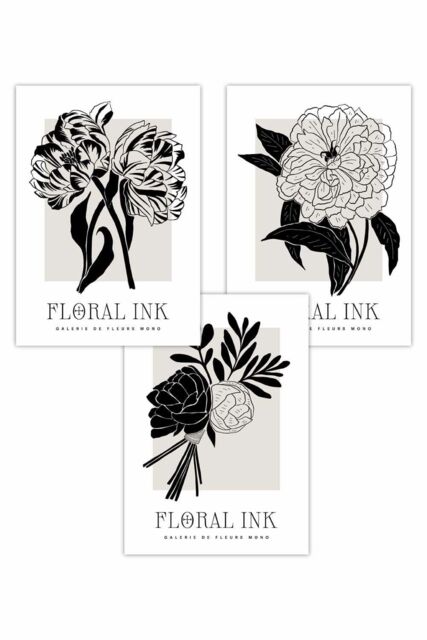 ARTZE Set of 3 Floral Sketch Ink Garden Flowers in Black Art Posters - Size: W50 cm x H70 cm - image 1