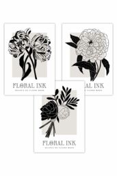 ARTZE Set of 3 Floral Sketch Ink Garden Flowers in Black Art Posters - Size: W50 cm x H70 cm - thumbnail 1