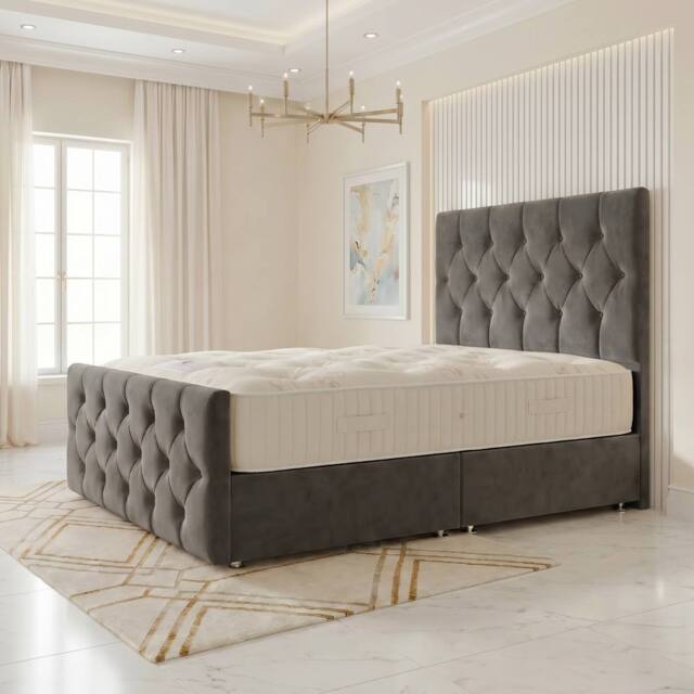 "Somnior Ziggy Velvet Divan Bed Mattress No Draw 54"" Headboard 22"" Footboard in Charcoal - Size: Super King" - image 1