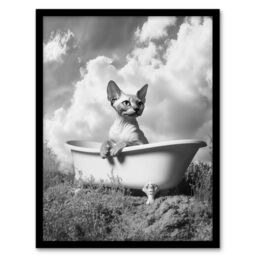 "Artery8 Sphinx in Bathtub Black White Surreal Cat Lover Framed Art Print in Grey - Size: W12"" x H16""" - thumbnail 1