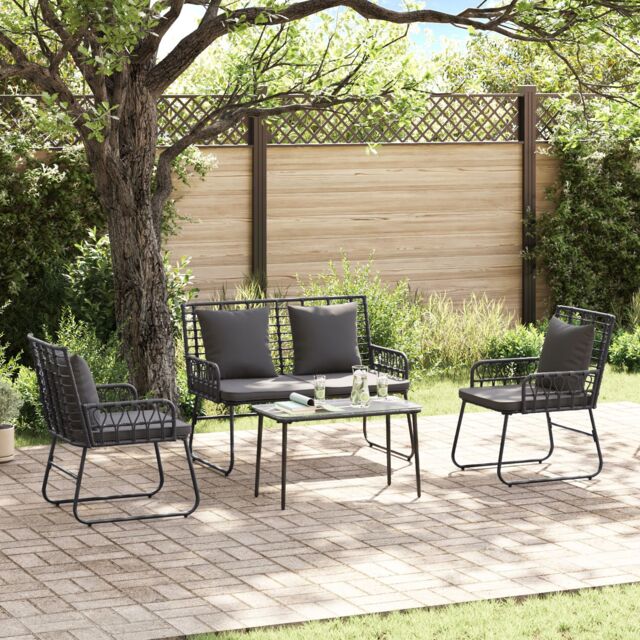Berkfield Home Garden Dining Set with Pillow 3 pcs Poly rattan, steel in Black - image 1