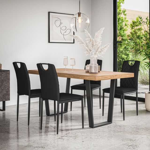 More4Homes Aria Dining Table & Chairs - Oak Effect Table Top w Black Legs + Monza Faux Leather Dining Chair Set Of 6 - image 1