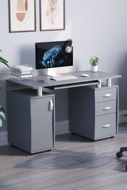 Home Discount Vida Designs Otley 3 Drawer with Internal Shelf Computer Desk Storage Office Study Workstation Gaming Table in Grey - image 1