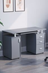 Home Discount Vida Designs Otley 3 Drawer with Internal Shelf Computer Desk Storage Office Study Workstation Gaming Table in Grey - thumbnail 3