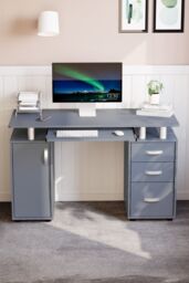 Home Discount Vida Designs Otley 3 Drawer with Internal Shelf Computer Desk Storage Office Study Workstation Gaming Table in Grey - thumbnail 7
