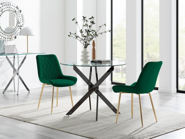 FurnitureboxUK Novara 100cm Round Black Leg Dining Table & 2 Pesaro Gold Leg Chairs in Green - image 1
