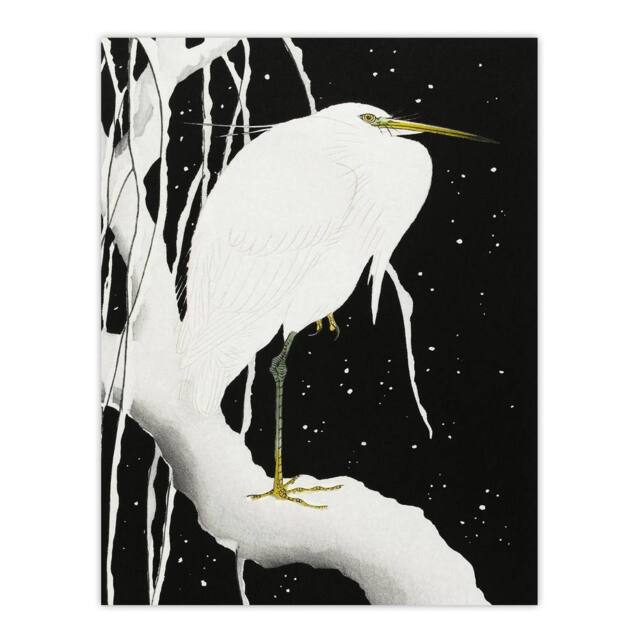 "Artery8 Heron In Snow Covered Tree Branch Japanese Wall Art Print Koson in Black - Size: W18"" x H24""" - image 1