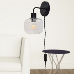 First Choice Lighting Toby - Black Plug in Wall Light with Batley Ribbed Glass Shade - thumbnail 4
