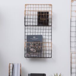 Orsina 2 Tier Wall Mount Magazine Rack, Iron Wireframe Newspaper Holder, Black & Rose Gold Finish Magazine Holder