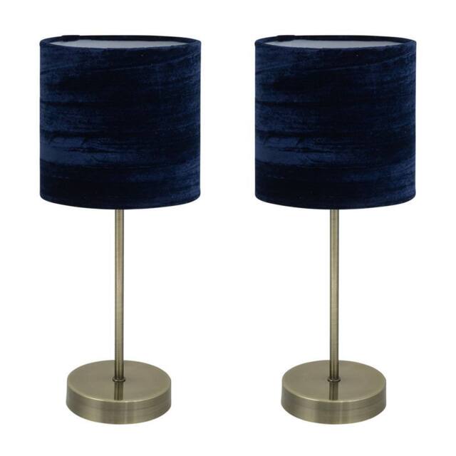 First Choice Lighting Set of 2 Antique Brass Stick Table Lamps with Navy Blue Velvet Shades in Bronze - image 1