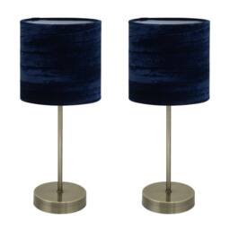 First Choice Lighting Set of 2 Antique Brass Stick Table Lamps with Navy Blue Velvet Shades in Bronze