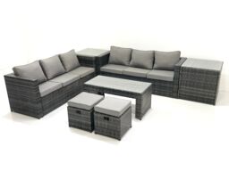 Fimous Garden Outdoor Rattan Furniture Set with Sofa Coffee table 2 Small Footstools 2 Side Tables Dark Grey Mixed - thumbnail 2