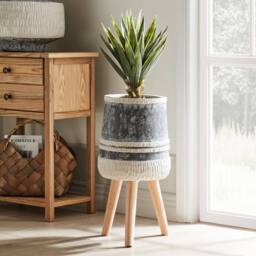 Wyld and Coco Tall Round Fibre-Clay Planter Grey-Beige with Beechwood Base in Grey - thumbnail 1