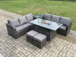 Fimous Rattan Garden Furniture Set with Fire Pit Table 8 Seater Outdoor Patio Lounge Sofa Set Dark Grey Mixed - thumbnail 3