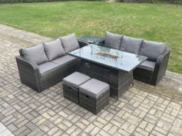 Fimous Rattan Garden Furniture Set with Fire Pit Table 8 Seater Outdoor Patio Lounge Sofa Set Dark Grey Mixed - thumbnail 1