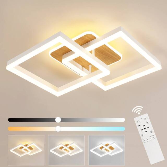 Pheashine White & Wood Grain Square LED Ceiling Lamp, 40W Dimmable 3000K-6500K - image 1