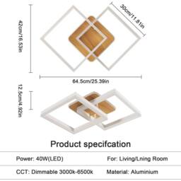 Pheashine White & Wood Grain Square LED Ceiling Lamp, 40W Dimmable 3000K-6500K - thumbnail 3