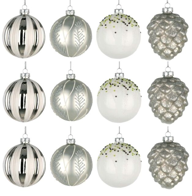 Shatchi Christmas Glass Baubles 12pcs Set - 8cm Ornaments with 4 Stunning Assorted Designs in Silver - image 1