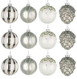 Shatchi Christmas Glass Baubles 12pcs Set - 8cm Ornaments with 4 Stunning Assorted Designs in Silver