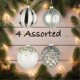 Shatchi Christmas Glass Baubles 12pcs Set - 8cm Ornaments with 4 Stunning Assorted Designs in Silver - thumbnail 4