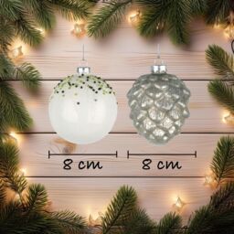 Shatchi Christmas Glass Baubles 12pcs Set - 8cm Ornaments with 4 Stunning Assorted Designs in Silver - thumbnail 3