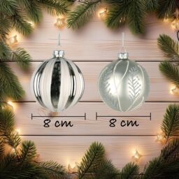 Shatchi Christmas Glass Baubles 12pcs Set - 8cm Ornaments with 4 Stunning Assorted Designs in Silver - thumbnail 2