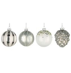 Shatchi Christmas Glass Baubles 12pcs Set - 8cm Ornaments with 4 Stunning Assorted Designs in Silver - thumbnail 6