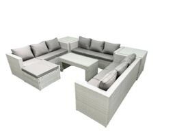 Fimous Rattan Garden Outdoor Furniture Set 10 Seater Garden Sofa Oblong Coffee Table Set with Big Footstool 2 Side Tables Light Grey Mixed - thumbnail 2