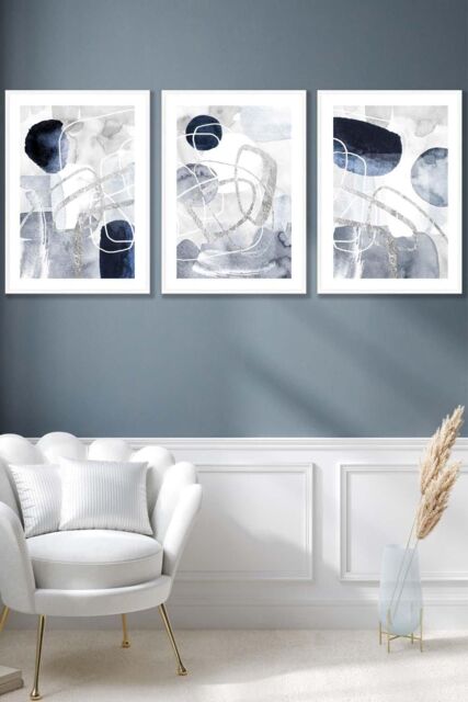 ARTZE Set of 3 White Framed Abstract Navy Blue & Silver Watercolour Shapes Wall Art - Size: W53 cm x H73 cm x D20mm - image 1