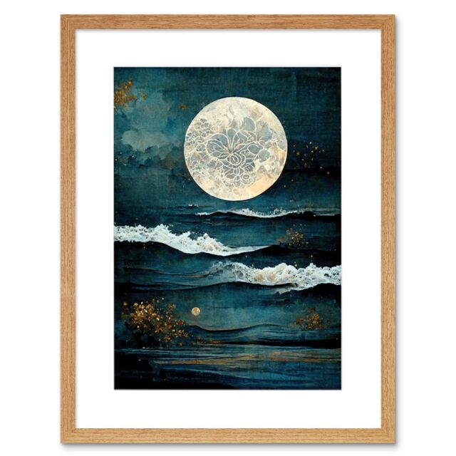 "Artery8 Wall Art Print Large Full Moon Seascape Golden Algae Wave Foam Artwork Framed 9X7 Inch in Beige - Size: W7"" x H9""" - image 1