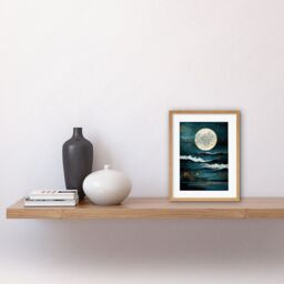 "Artery8 Wall Art Print Large Full Moon Seascape Golden Algae Wave Foam Artwork Framed 9X7 Inch in Beige - Size: W7"" x H9""" - thumbnail 2
