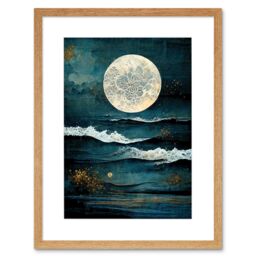 "Artery8 Wall Art Print Large Full Moon Seascape Golden Algae Wave Foam Artwork Framed 9X7 Inch in Beige - Size: W7"" x H9""" - thumbnail 1