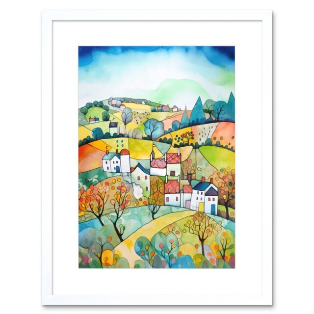 "Artery8 Wall Art Print English Country Rural Landscape Folk Art Watercolour Painting Artwork Framed 9X7 Inch in White - Size: W7"" x H9""" - image 1